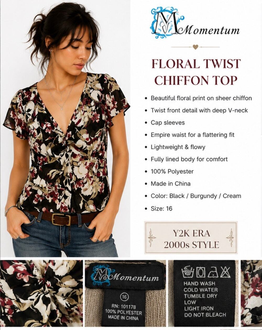 Y2K Romantic Momentum Women's Floral Twist Chiffon Top Size 16 Black Burgundy